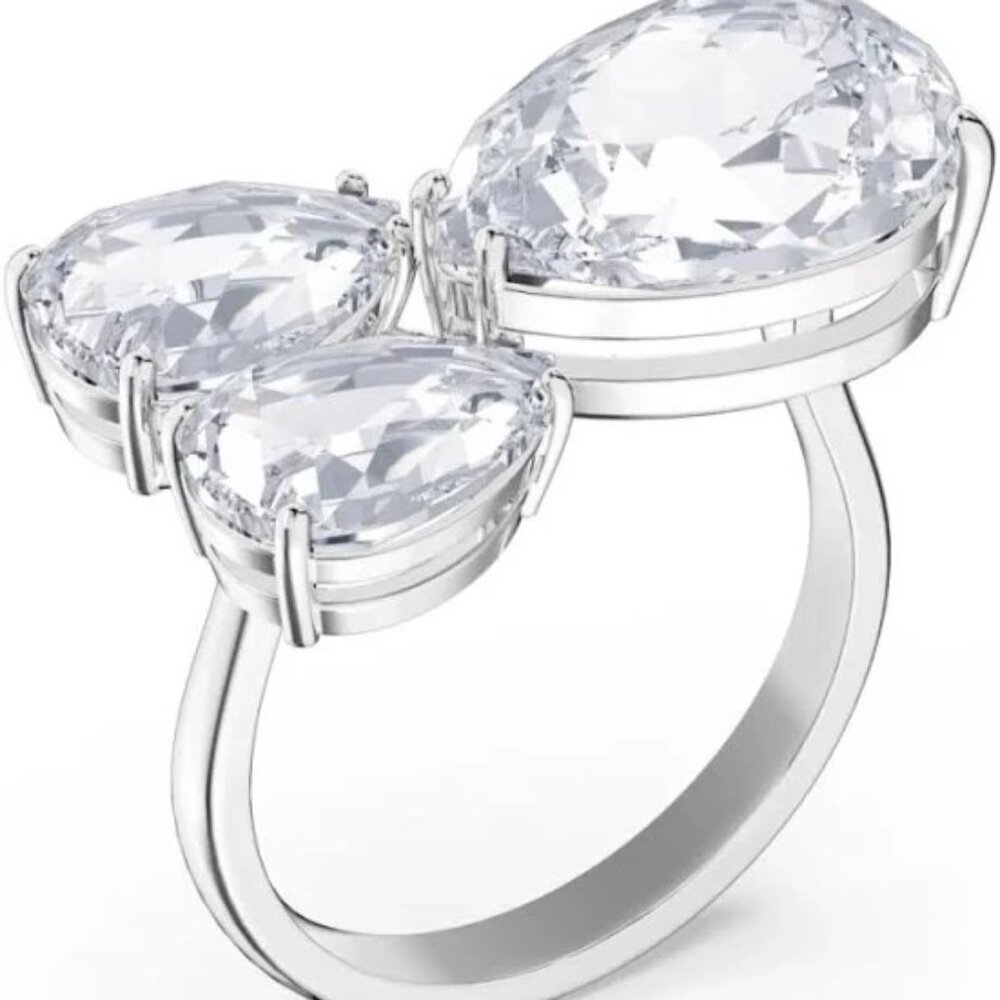 Swarovski Rhodium Plate Millenia Pear Cut Crystal Cocktail Ring
